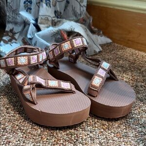 Teva Brown Sandals with Colorful Embroidery